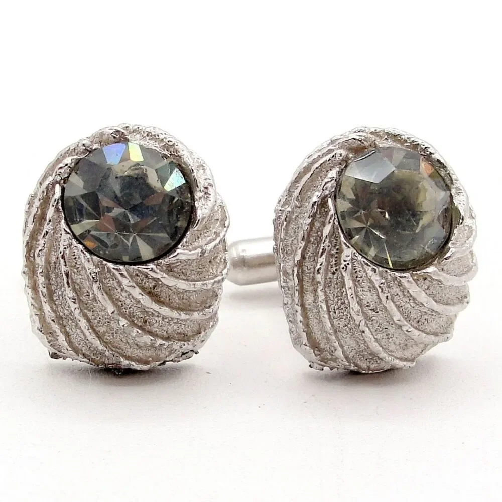Vintage Swank Silver Tone Shell Cufflinks Smoky Rhinestone Glass MCM Wedding
